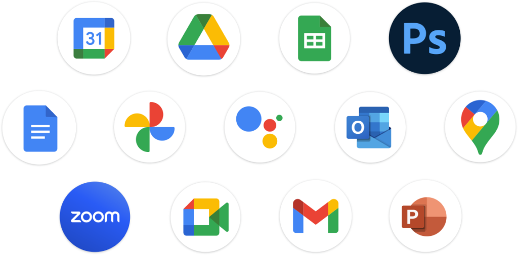 Zestaw ikon popularnych aplikacji: Google Calendar, Google Drive, Google Sheets, Photoshop, Google Docs, Google Photos, Google Assistant, Outlook, Google Maps, Zoom, Google Meet, Gmail i PowerPoint.