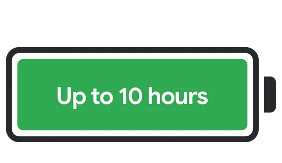 Ikona zielonej baterii z napisem „Up to 10 hours” symbolizująca czas pracy do 10 godzin.