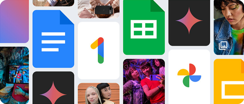 Kolaż ikon aplikacji Google, takich jak Dokumenty, Arkusze, Prezentacje, Zdjęcia i Google One, uzupełniony zdjęciami ludzi oraz kolorowymi grafikami.