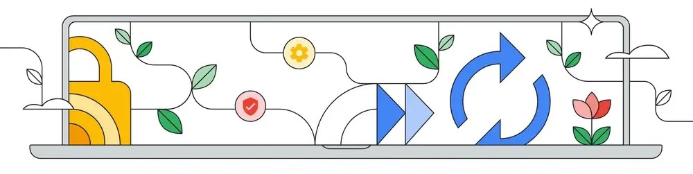 Ilustracja laptopa z ikonami bezpieczeństwa, synchronizacji i ustawień, otoczona liśćmi i kwiatami symbolizującymi ekologię oraz płynność działania.